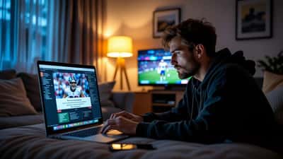 Man at night watching a suspicious football streaming page full of pop-up ads on a laptop