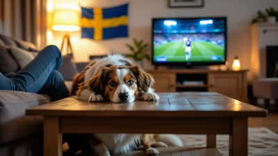Rädd hund gömmer sig under bord i svenskt vardagsrum under VM-finalen på tv