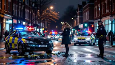Damaged car on a UK residential street at night with police vehicles and blue emergency lights in background