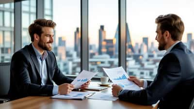 Young British professional reviewing ISA and pension investment plans with a wealth manager in a London office