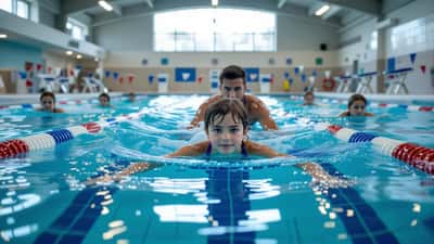 Kind oefent schoolslag in overdekt zwembad met zwemles begeleider aan de kant