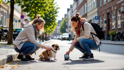 Kvinde tjekker asfaltstemperaturen for sin franske bulldog i sommervejret i København 2026