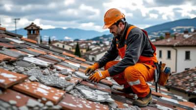 Artigiano ispeziona tetto danneggiato dalla grandine su casa italiana nel 2026