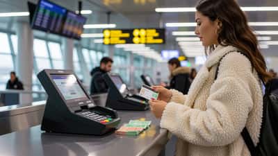 Canadian traveller with a credit card, euros and Canadian dollars at a Dublin airport payment terminal