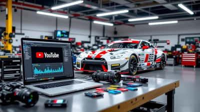 Laptop med YouTube-analytikk og kamerautstyr i et motorsportgarasje etter Kyle Loftis bortgang