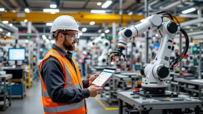 IT-specialist undersøger cobot arm på produktionsgulv med EU AI Act compliance skema