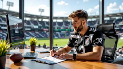 Jogador de futebol assinando contrato no escritório com vista para estádio
