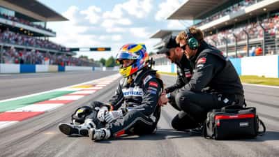 Motorsportförare undersöks av medicinsk personal vid banan efter en krock 2026