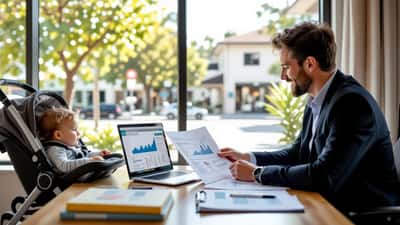 Australian financial adviser reviewing a family's baby budget and investment plan at a desk