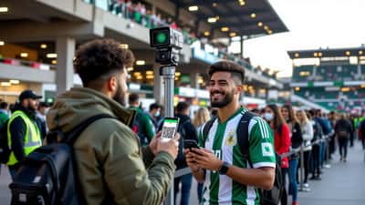 Football fan facing a facial-recognition camera at a stadium turnstile while showing a Fan ID QR code on a phone