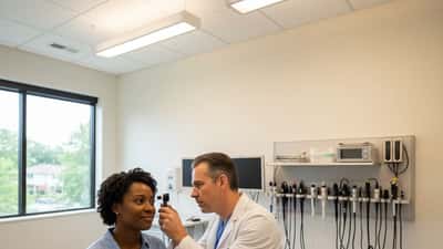 ENT otolaryngologist using an otoscope to examine a patient's ear in a modern US clinical setting