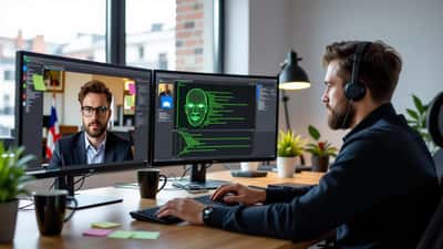 Analista di sicurezza informatica esamina un sospetto video deepfake su due monitor con marcatori di riconoscimento facciale