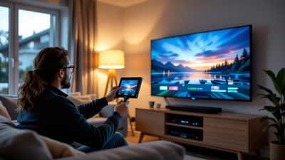 Technicien réglant un téléviseur home cinéma dans un salon tamisé avec une sonde de calibration