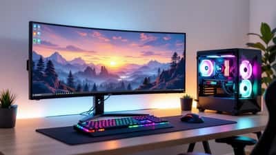 Moderne gamer-skrivebord med GTA 6-inspirert bysilhuett og ekspertikoner