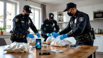 Agenti di polizia italiani in uniforme blu durante una perquisizione domiciliare a Milano, borse per le prove sul tavolo