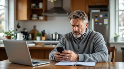 Man checking suspicious bank fraud alert on smartphone at kitchen table