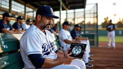 Jugador de béisbol aficionado sosteniendo el hombro lesionado en el dugout con tableta mostrando resonancia magnética