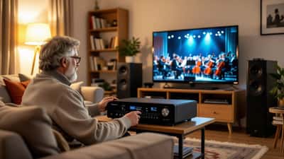 Heimkino-Anlage mit AV-Receiver und Lautsprechern im Wohnzimmer waehrend einer Klassikuebertragung