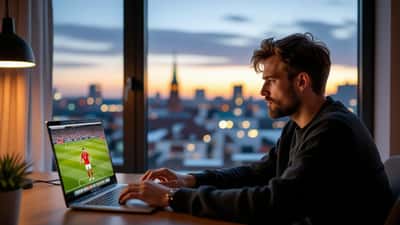 Dansk mand frustreret foran laptop med streaming-fejlmeddelelse – ingen dansk TV-aftale til fodboldkampen