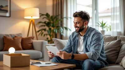 Homem brasileiro analisando dispositivos smart home após ganhar na Quina de São João 2026