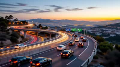 Viaduto rodoviário em Portugal ao entardecer com tráfego e sinalização