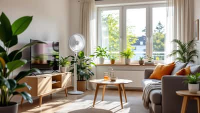 Standventilator in einem sonnigen Wohnzimmer, Sommer 2026