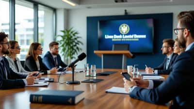 Pressebriefing-Raum mit Rednerpult, Mikrofonen und Journalisten mit Smartphones
