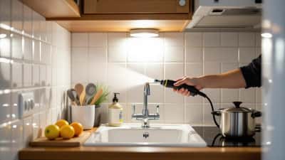 Artisan plombier inspectant les canalisations sous évier dans un appartement suisse