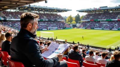 Dirigente de clube desportivo a analisar documentos financeiros no recinto de futebol durante amigável de pré-temporada