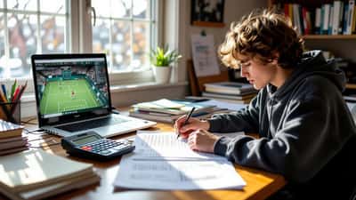 High school student working through handwritten probability calculations at a desk with a tennis match on a laptop