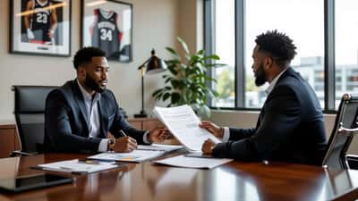 Young athlete and financial advisor reviewing a sports contract and investment portfolio in a modern Houston office