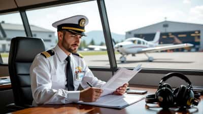 Élève pilote lisant un contrat de formation à un bureau d'école d'aviation en Suisse
