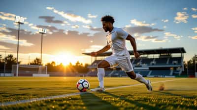 Ung fotballspiller trener på moderne treningsbane i solnedgang