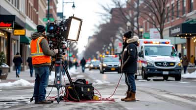 Plateau de tournage dans une rue de Montréal avec un technicien et un figurant près du matériel d'éclairage