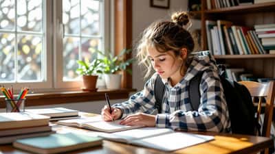 Student writing in a colourful lined exercise book at a wooden desk with school supplies for the 2026 back-to-school season