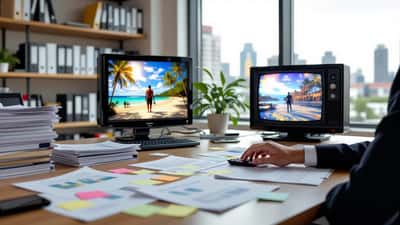 Entertainment lawyer reviewing reality TV participation contract at office desk with legal documents