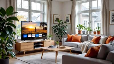 Man kijkt naar smart-tv met NPO Start streaming interface in woonkamer