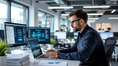 IT consultant reviewing ChatGPT data privacy settings on laptop screen in UK office