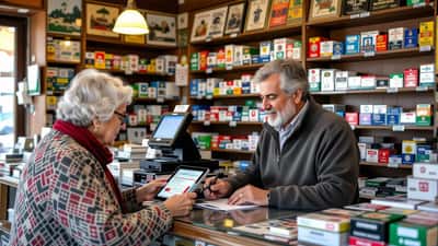 Tabaccaio aiuta cliente anziana ad attivare lo SPID su tablet in una tabaccheria di quartiere in Italia