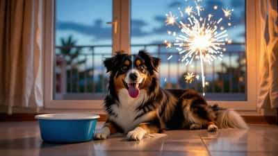 Perro jadeando en apartamento caluroso con fuegos artificiales del 4 de julio de fondo