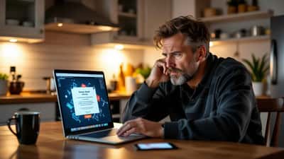 Bezorgde man kijkt 's nachts naar een verdachte online goksite op zijn laptop met een nep-bonusmelding