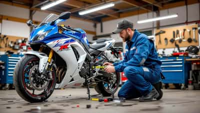Mécanicien inspectant la fourche avant d'une moto accidentée dans un atelier à Aarau après la collision de la Tellistrasse