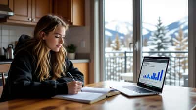 Un tuteur et une élève analysent une prévision météo de Calgary et des calculs de probabilités sur un cahier.