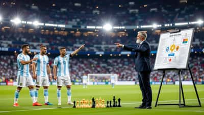 Jogadores da Argentina e da Suíça em campo com símbolos de gestão de crises ao fundo