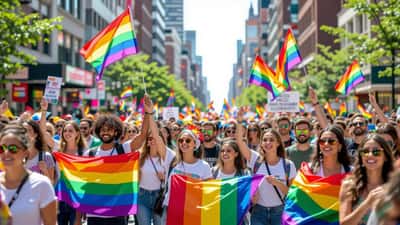 Fargerik Pride Parade 2026 med regnbueflagg og glade deltakere i solskinn