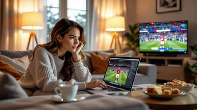 Femme québécoise frustrée devant son écran de streaming en erreur pendant le match Lille-PSG