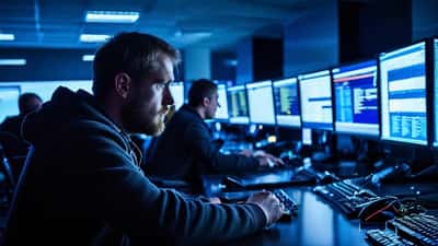 IT-sérfræðingur fylgist með netöryggismælingum og viðvörunarskilti á skjáum í íslensku netöryggismiðstöð