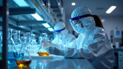 Female researcher in hazmat suit handling sealed specimen vials in a high-biosafety laboratory