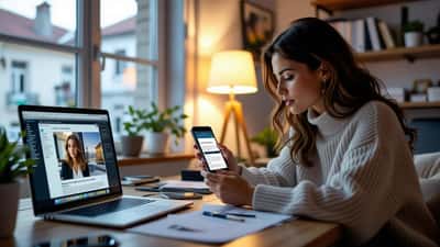 Mulher portuguesa alarmed com smartphone mostrando fake news de deepfake e plataforma de criptomoedas suspeita no laptop