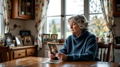 Femme seule tenant une photographie, regardant par la fenêtre, deuil d'un proche disparu